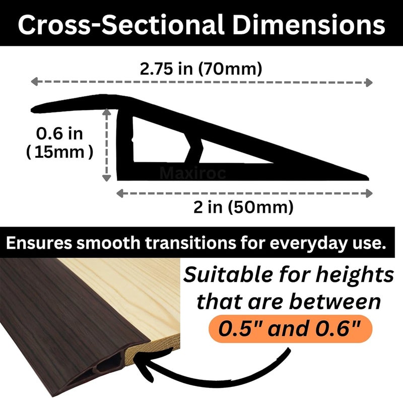 Maxiroc 1/2" to 3/5" Height Threshold Ramp - Rubber Threshold, Floor Transition Strip, Door Strip, Wheelchair Ramp, Carpet to Tile Strip (Ebony Walnut, 80 inches) - Image 2